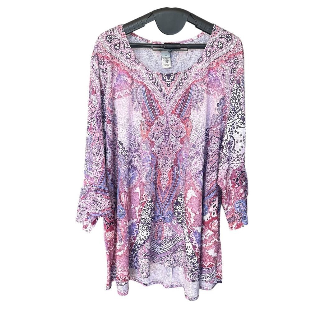 Catherines 2X Top Purple Paisley Boho‎ Print 3/4 Sleeve Jersey Stretch
